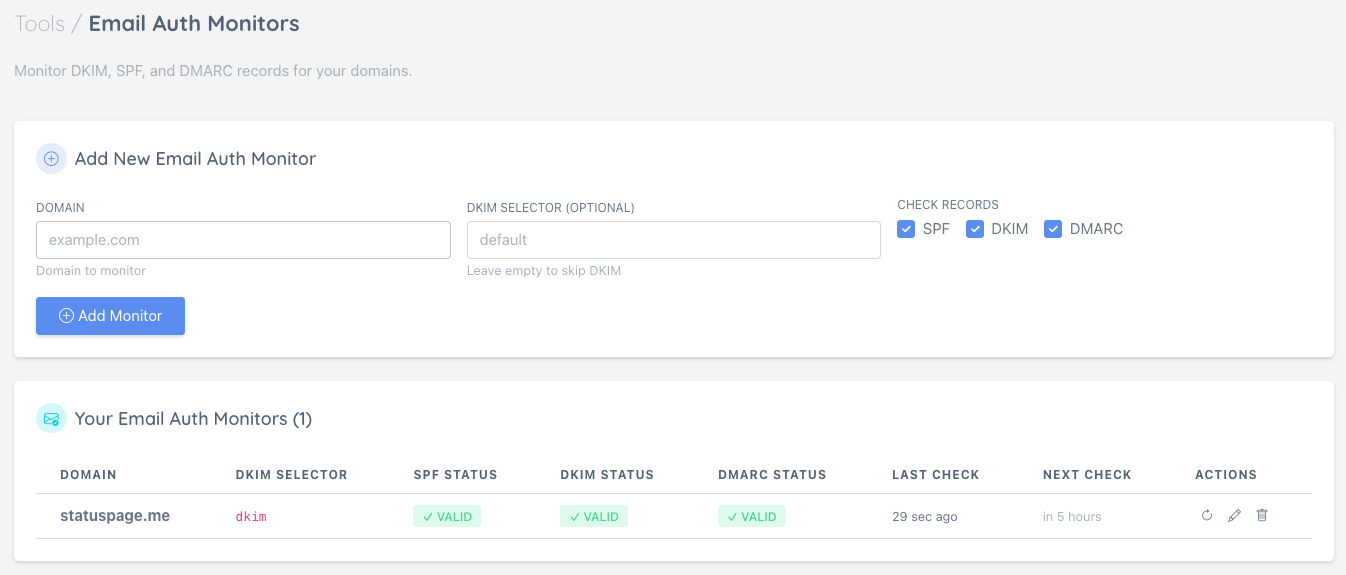 Email auth monitors dashboard